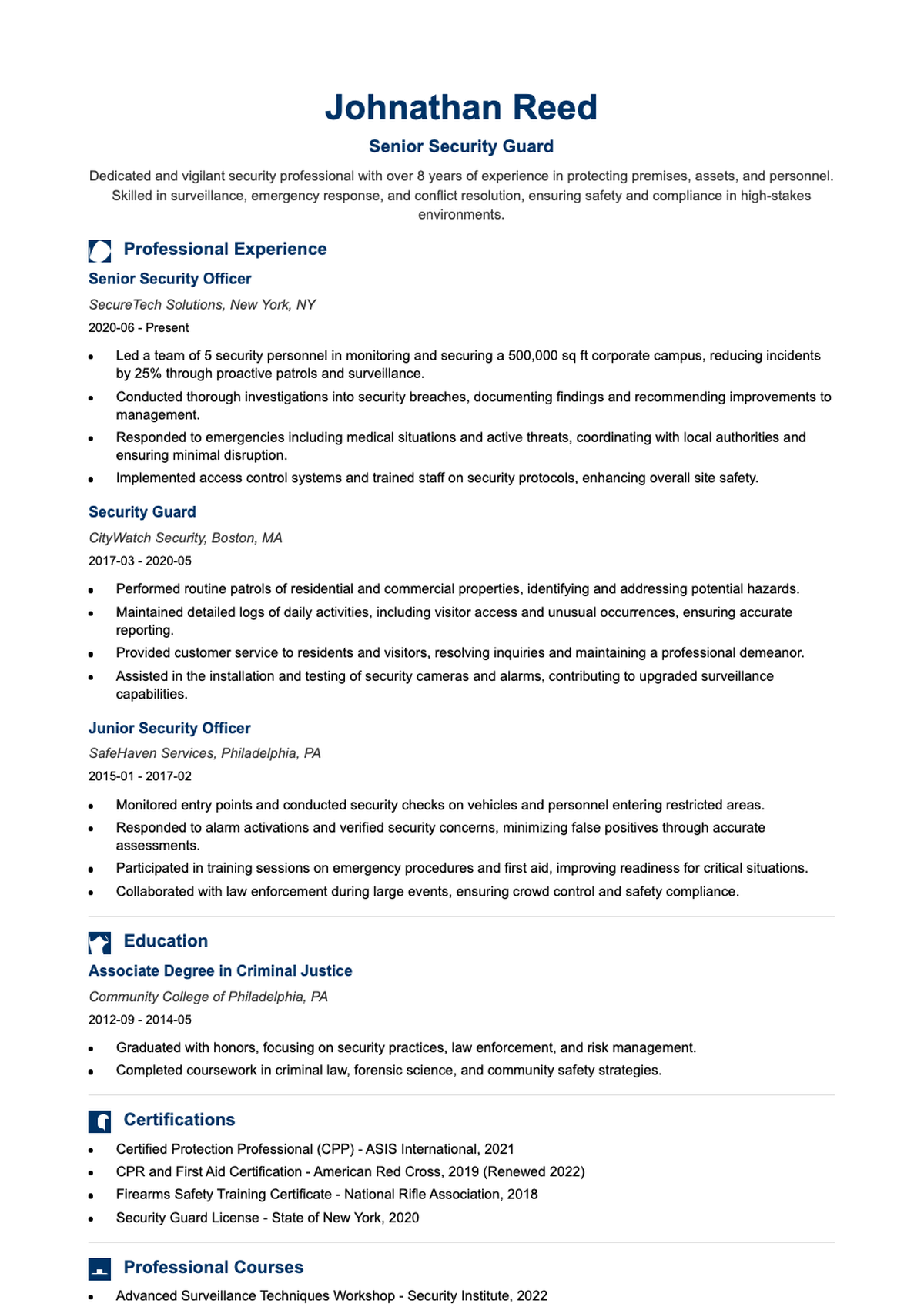 Professional security guard resume with skills bar charts and experience highlights_variant_2